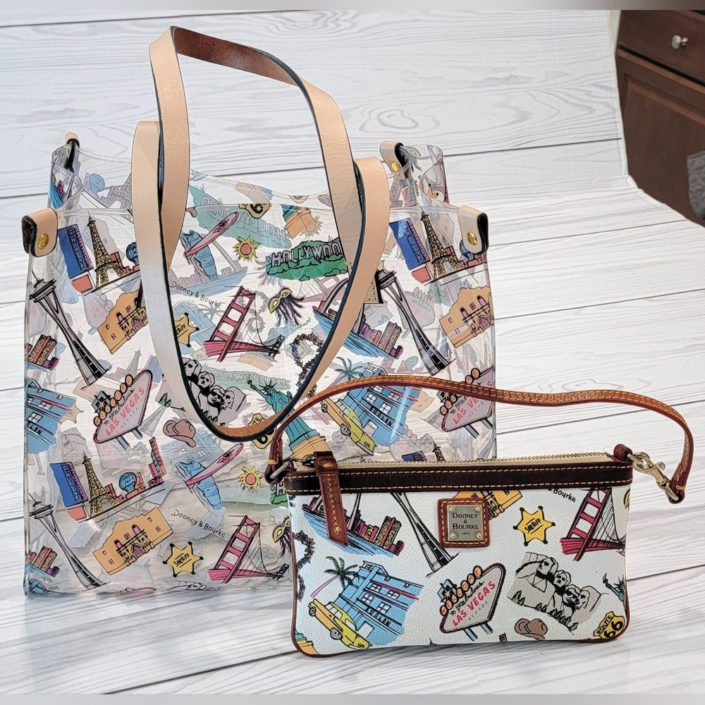 Dooney & Bourke 2 Piece Colorful Landmark Soft Acrylic Tote & Wristlet - Picture 3 of 16